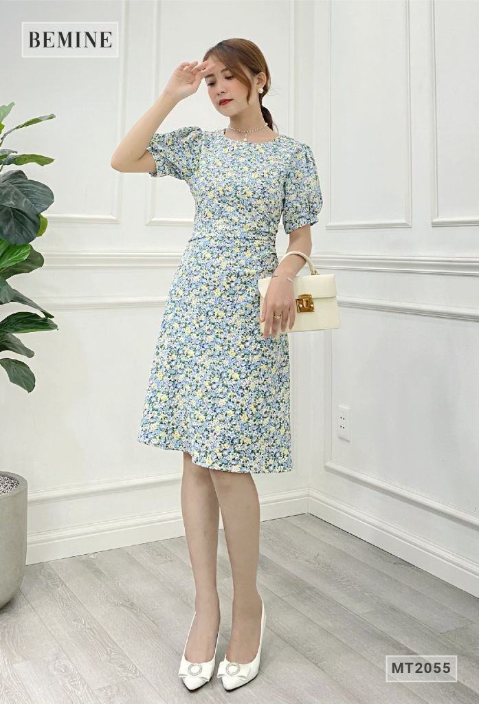 MT2055XANH - Đâm hoa tay bồng xếp ly eo