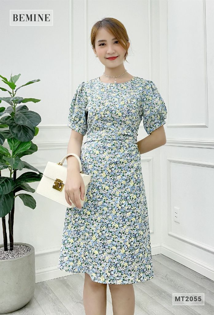 MT2055XANH - Đâm hoa tay bồng xếp ly eo