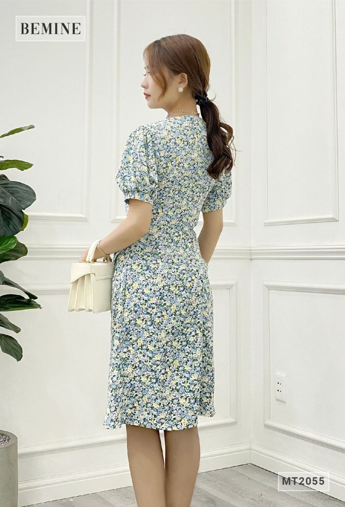 MT2055XANH - Đâm hoa tay bồng xếp ly eo
