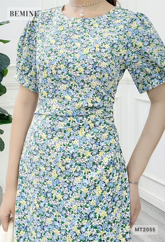 MT2055XANH - Đâm hoa tay bồng xếp ly eo
