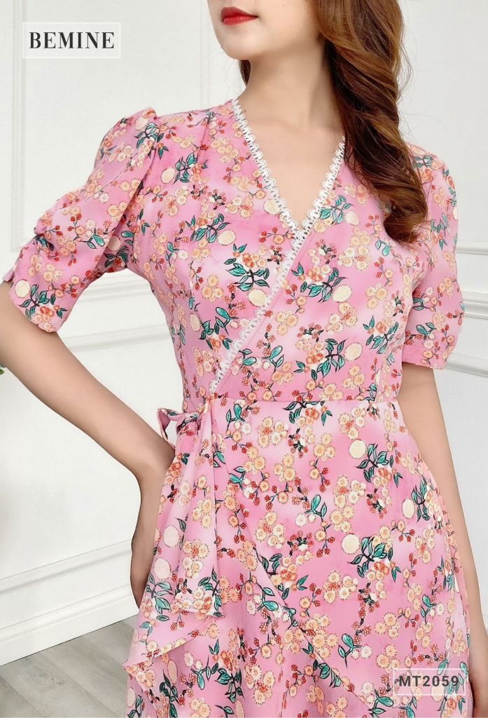 MT2059HONG- Đầm cổ tim đuôi cá đắp chéo