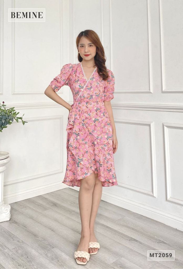 MT2059HONG- Đầm cổ tim đuôi cá đắp chéo