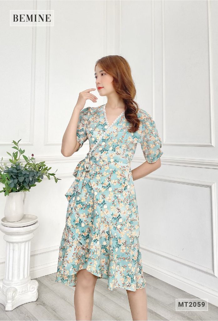 MT2059XANH - Đầm cổ tim đuôi cá đắp chéo