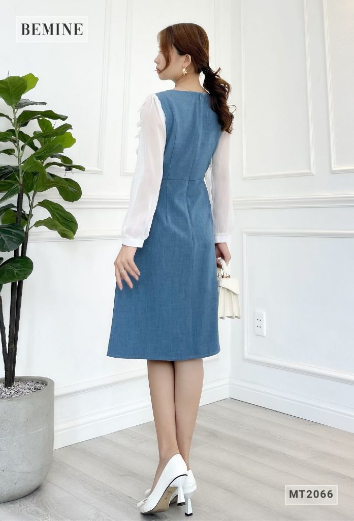 MT2066XANH - Đầm xanh phối tay bèo ngực