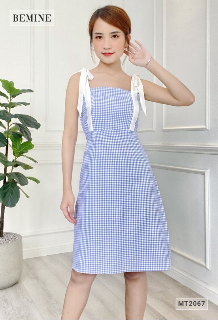 MT2067XANH - Đầm caro 2 dây suông
