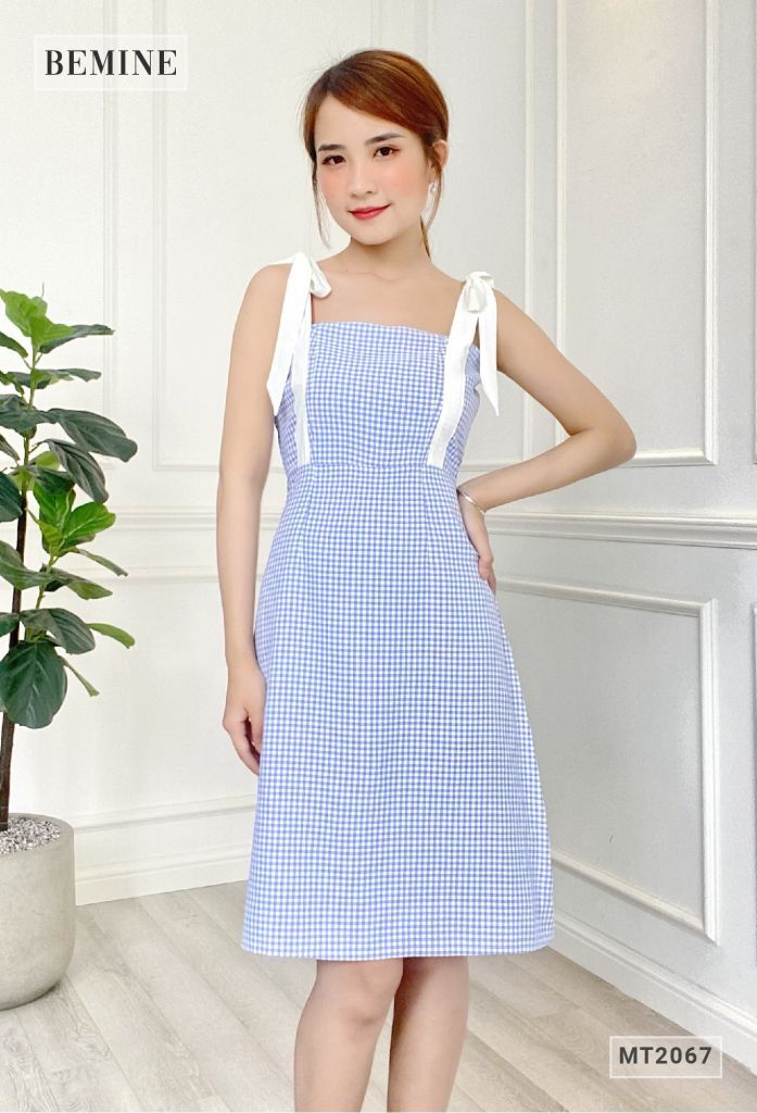 MT2067XANH - Đầm caro 2 dây suông