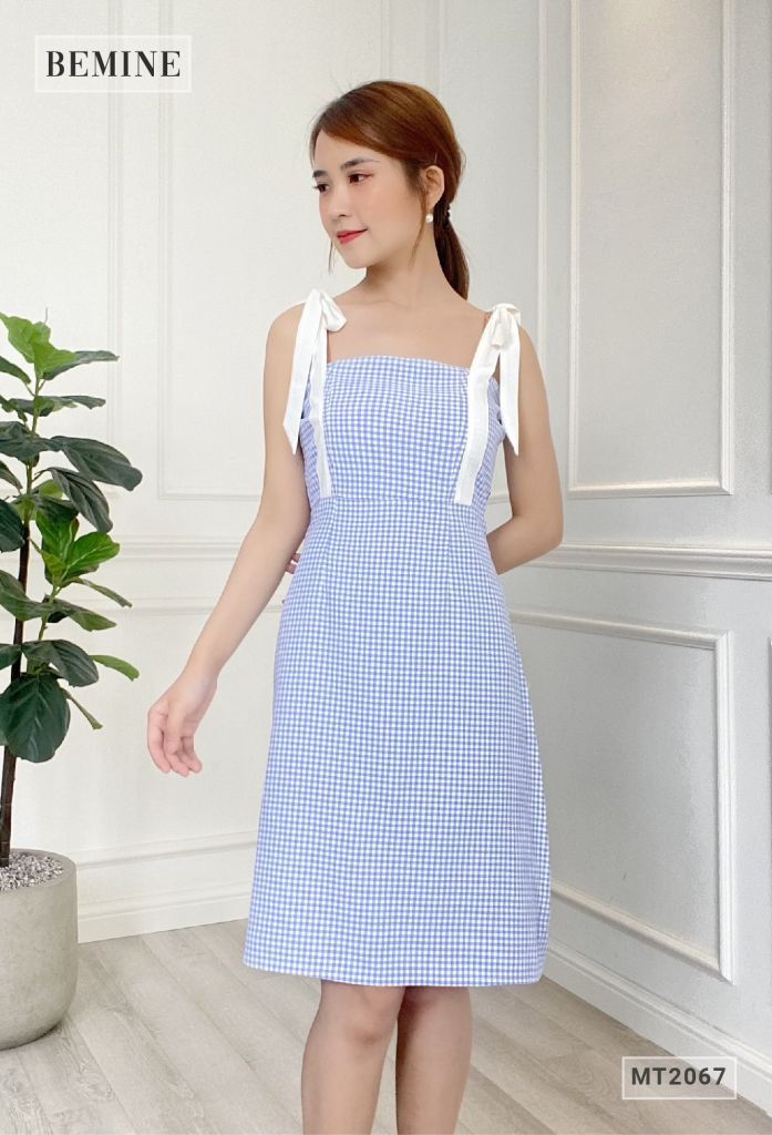 MT2067XANH - Đầm caro 2 dây suông