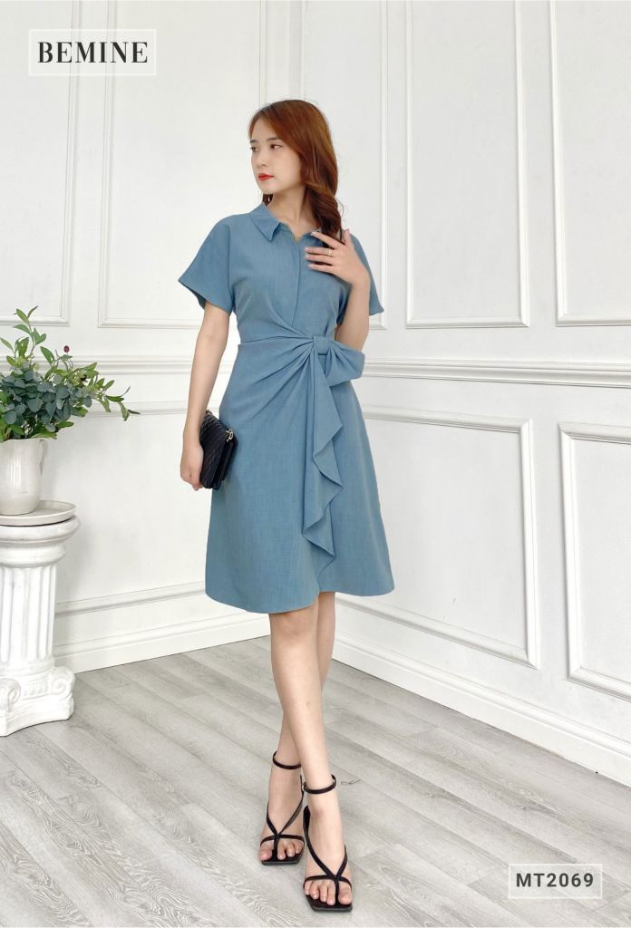 MT2069XANH - Đầm cổ sơ mi nhún eo đính nơ