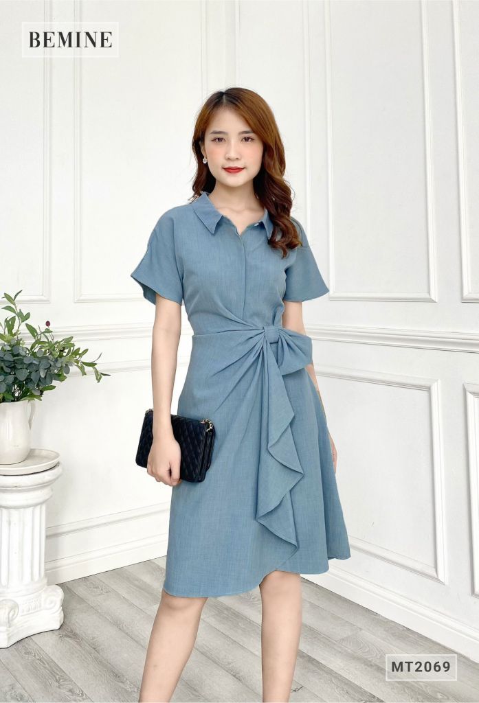 MT2069XANH - Đầm cổ sơ mi nhún eo đính nơ