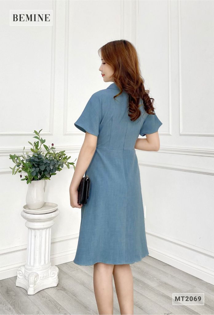 MT2069XANH - Đầm cổ sơ mi nhún eo đính nơ
