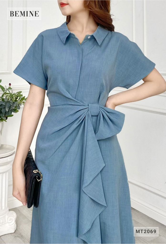 MT2069XANH - Đầm cổ sơ mi nhún eo đính nơ