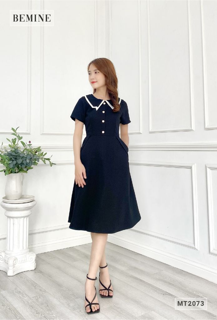 MT2073DEN - Đầm thanh lịch tay phồng đính nút