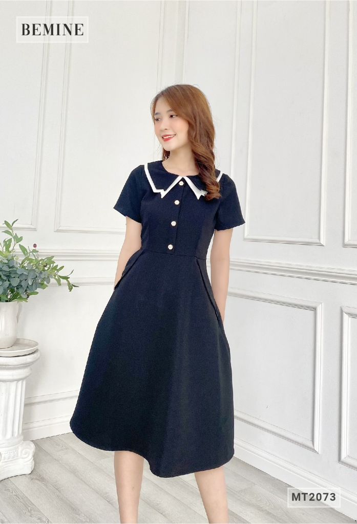 MT2073DEN - Đầm thanh lịch tay phồng đính nút