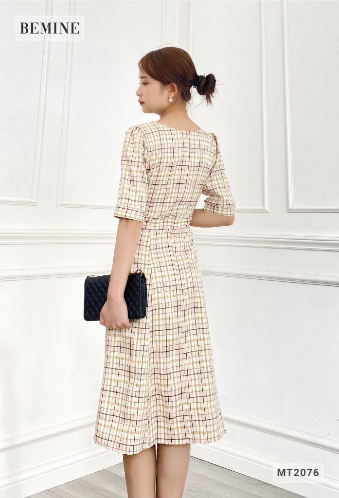 MT2076HONG- Đầm caro nữ dáng xòe thanh lịch
