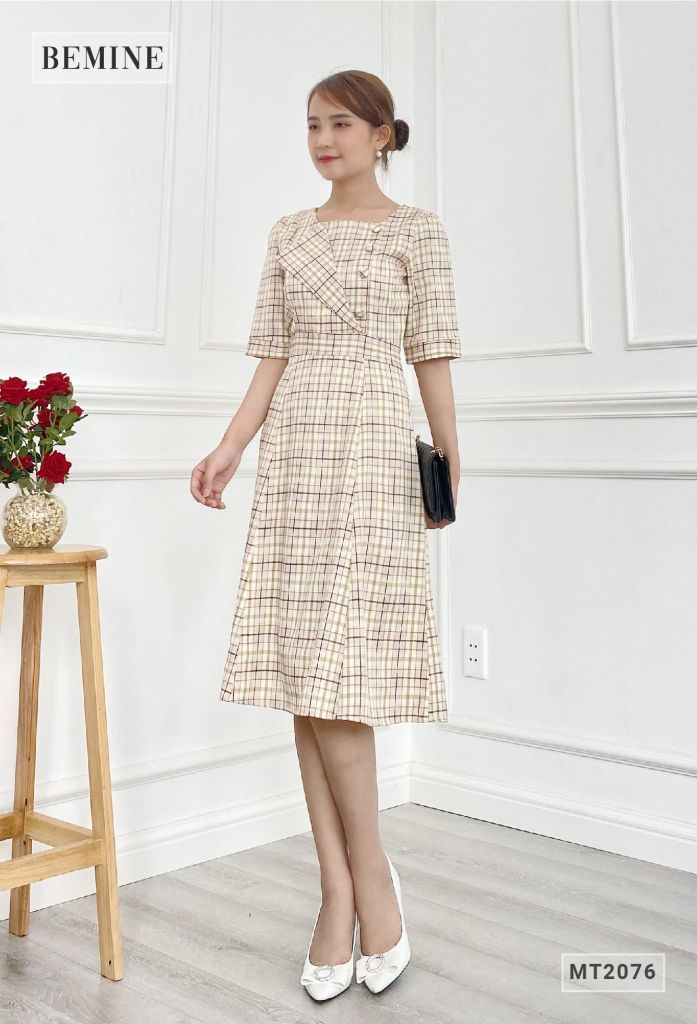 MT2076HONG- Đầm caro nữ dáng xòe thanh lịch
