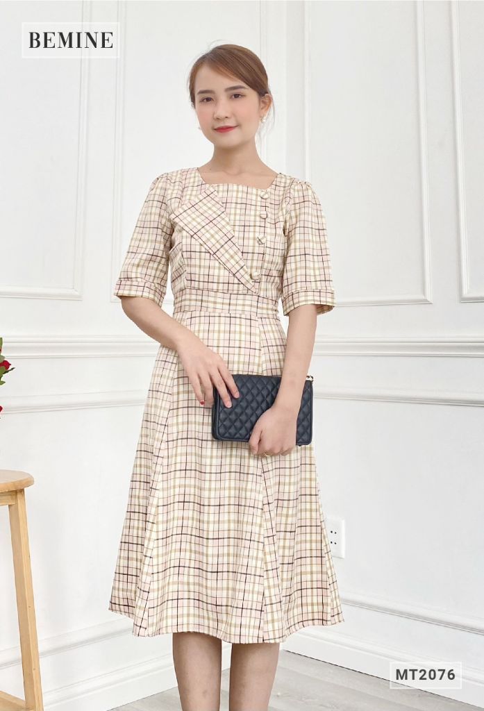 MT2076HONG- Đầm caro nữ dáng xòe thanh lịch