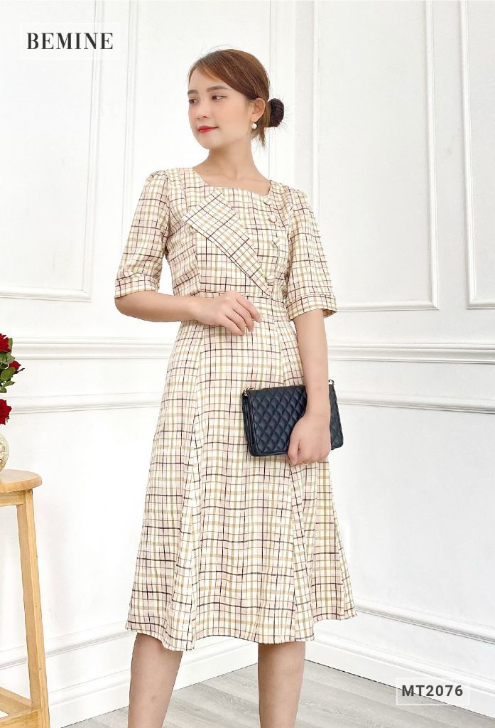 MT2076HONG- Đầm caro nữ dáng xòe thanh lịch