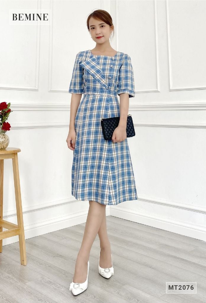 MT2076XANH- Đầm caro nữ dáng xòe thanh lịch