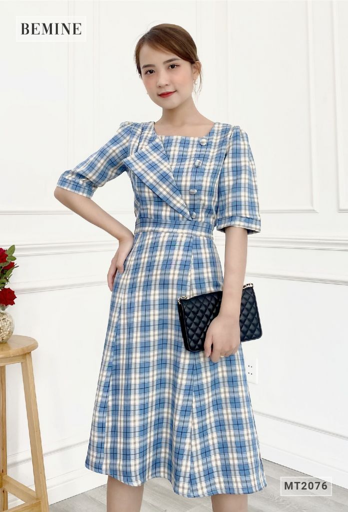 MT2076XANH- Đầm caro nữ dáng xòe thanh lịch