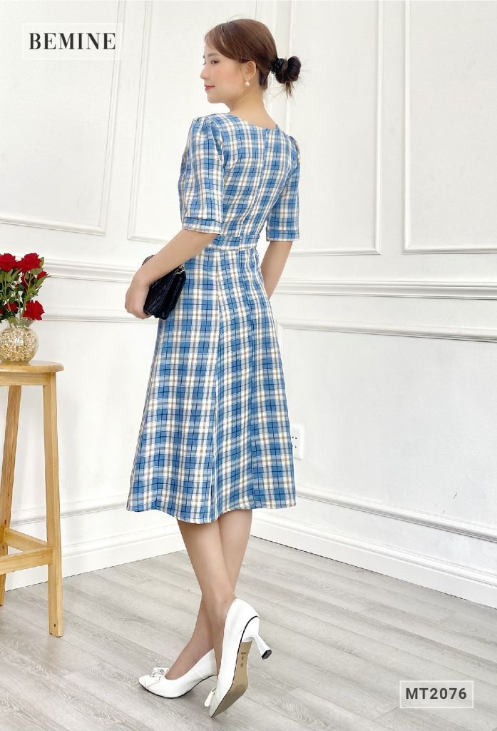 MT2076XANH- Đầm caro nữ dáng xòe thanh lịch
