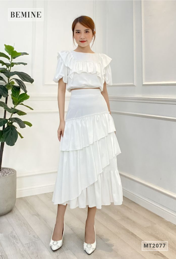 MT2077TRANG - SET ÁO BO CHUN BÈO NGỰC CHÂN VÁY 3 TẦNG