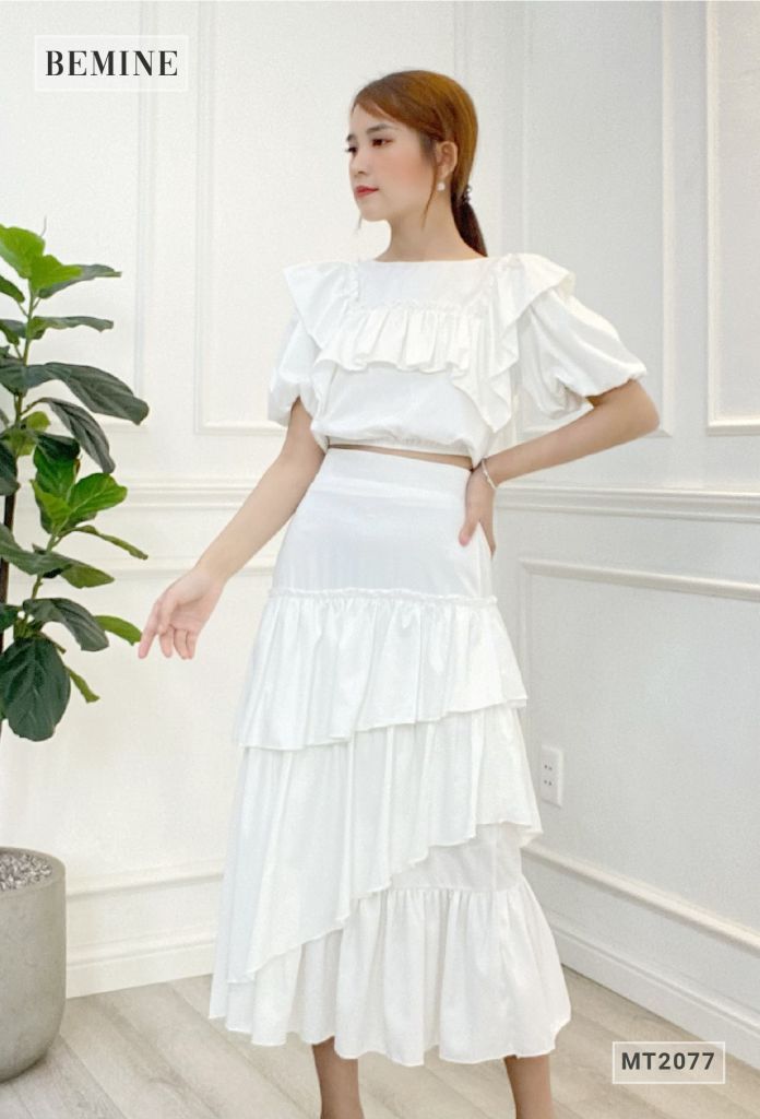 MT2077TRANG - SET ÁO BO CHUN BÈO NGỰC CHÂN VÁY 3 TẦNG