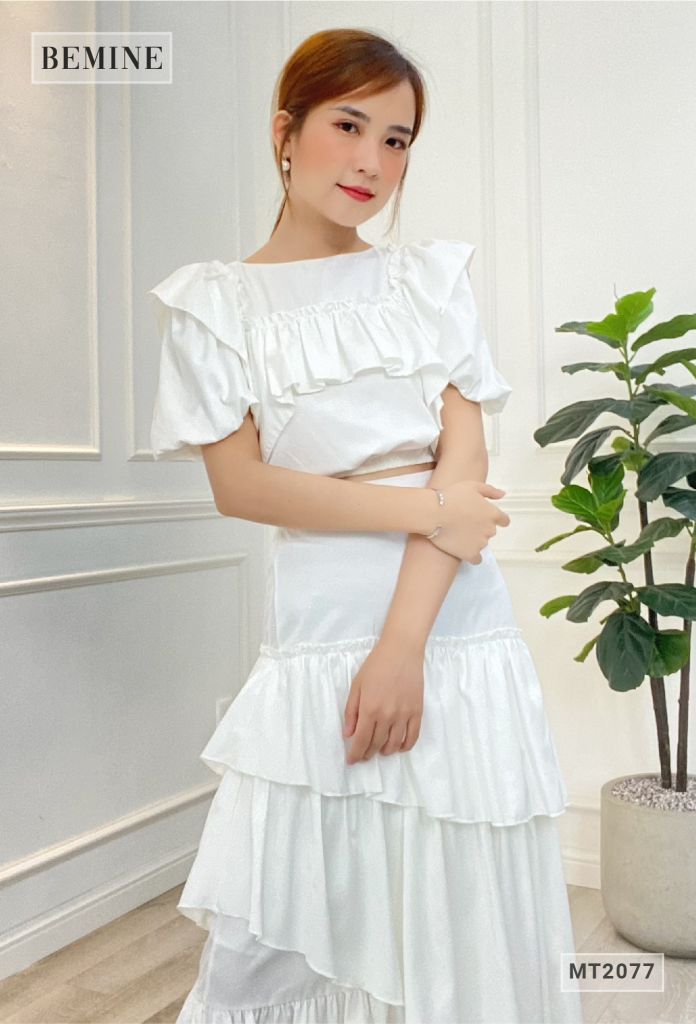MT2077TRANG - SET ÁO BO CHUN BÈO NGỰC CHÂN VÁY 3 TẦNG