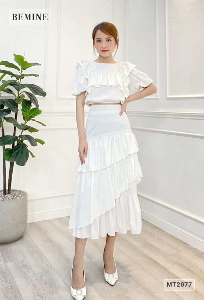 MT2077TRANG - SET ÁO BO CHUN BÈO NGỰC CHÂN VÁY 3 TẦNG