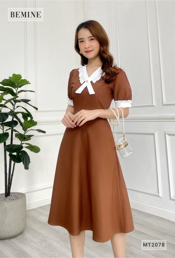 MT2078NAU - Đầm nữ phối trắng bèo cổ