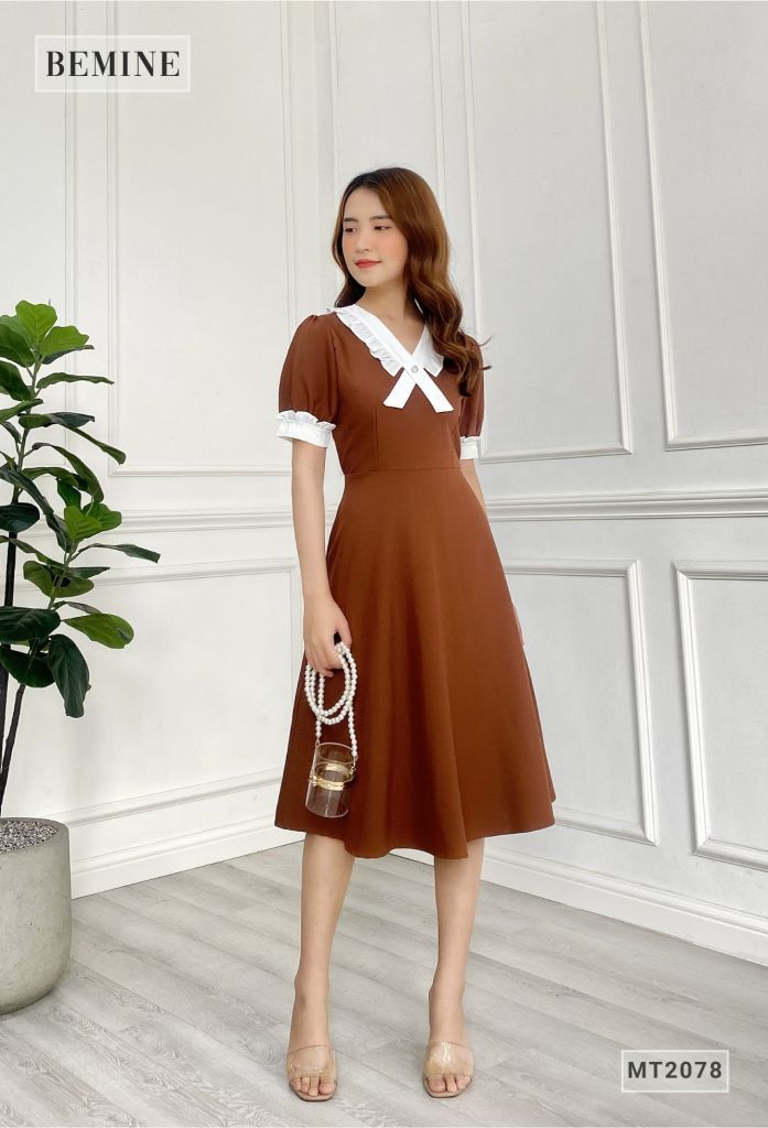 MT2078NAU - Đầm nữ phối trắng bèo cổ