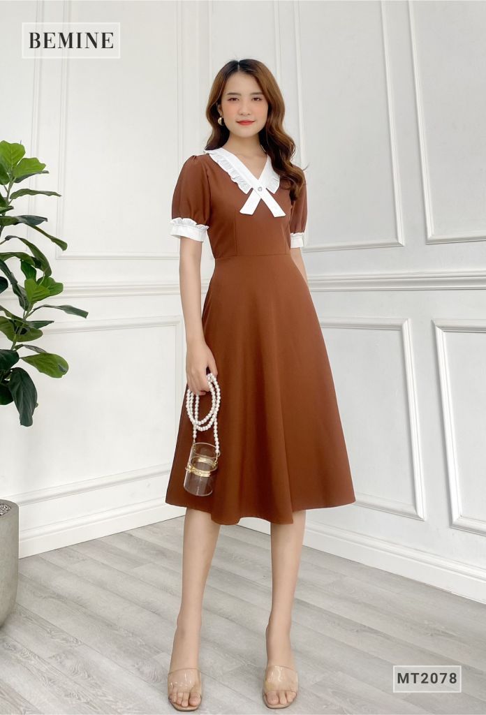 MT2078NAU - Đầm nữ phối trắng bèo cổ