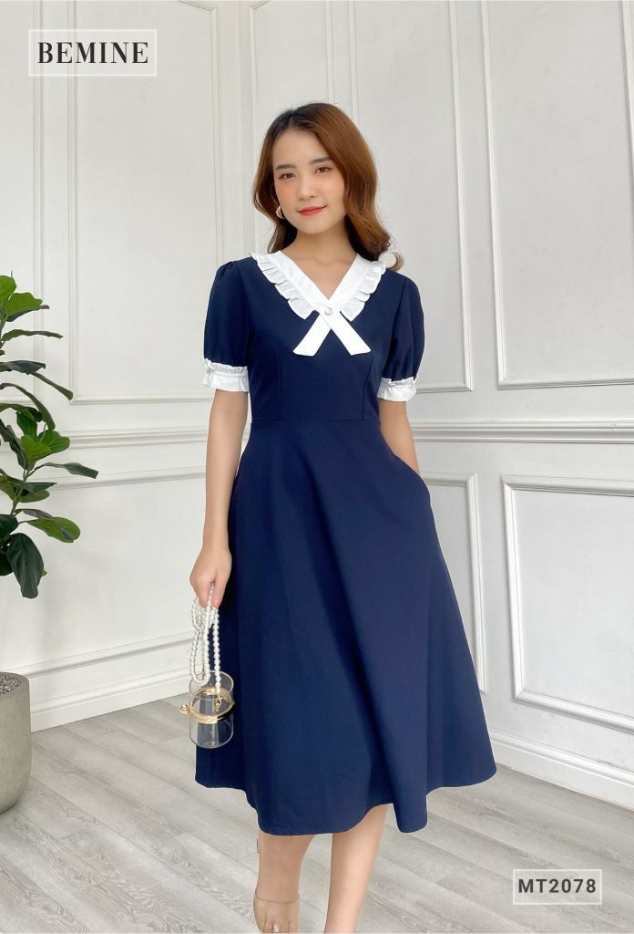 MT2078XANHDEN - Đầm nữ phối trắng bèo cổ