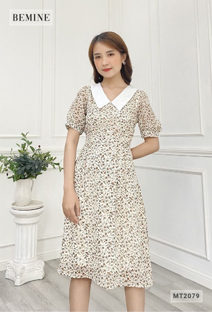 MT2079TRANG - Đầm hoa dáng xòe cổ trắng tay phồng