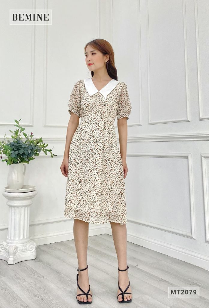 MT2079TRANG - Đầm hoa dáng xòe cổ trắng tay phồng
