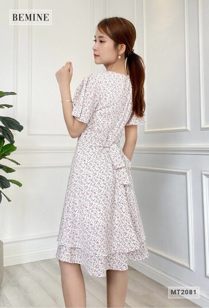 MT2081TRANG - Đầm 2 tầng cổ chéo tay cánh tiên