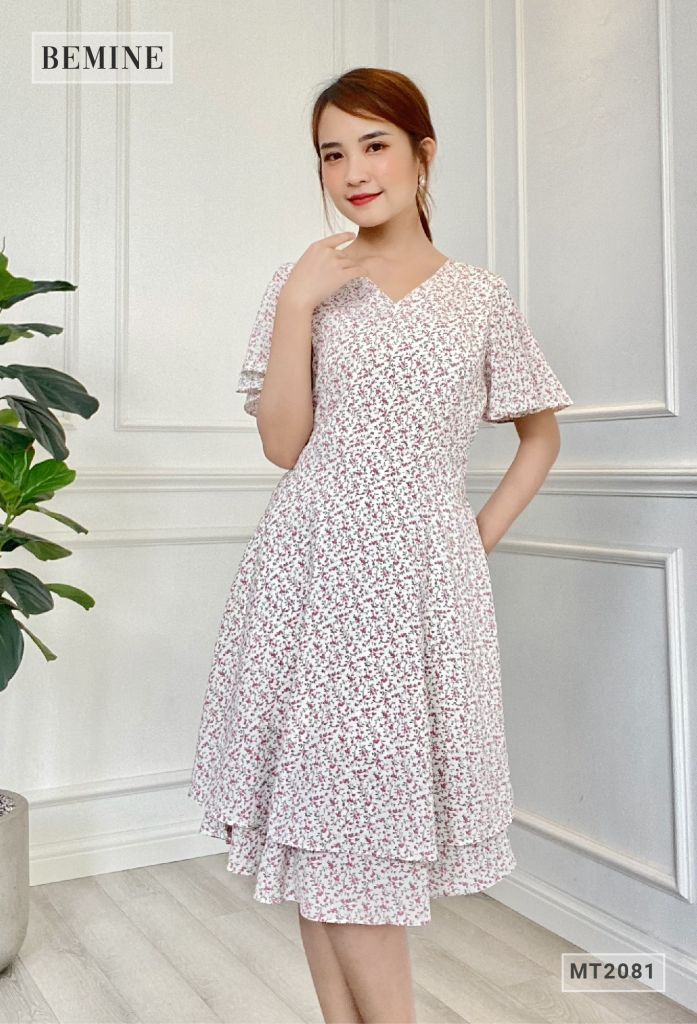 MT2081TRANG - Đầm 2 tầng cổ chéo tay cánh tiên