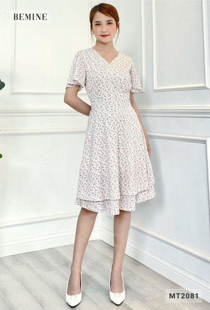 MT2081TRANG - Đầm 2 tầng cổ chéo tay cánh tiên