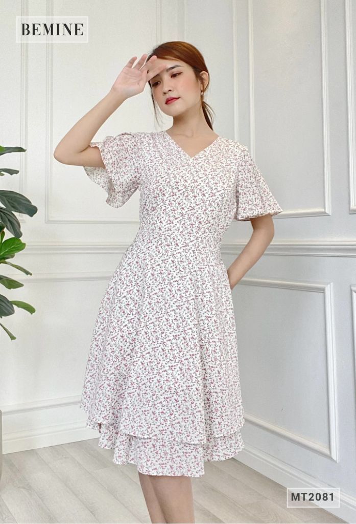MT2081TRANG - Đầm 2 tầng cổ chéo tay cánh tiên