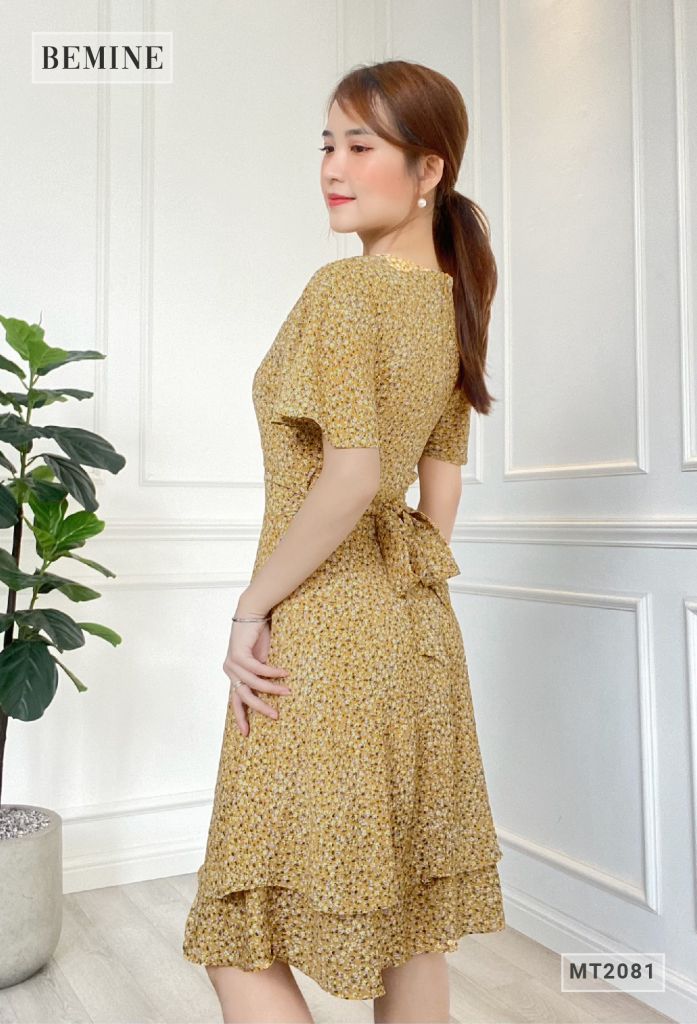 MT2081VANG - Đầm 2 tầng cổ chéo tay cánh tiên