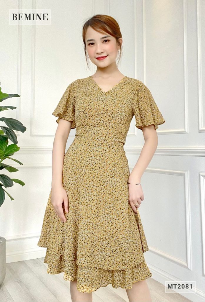 MT2081VANG - Đầm 2 tầng cổ chéo tay cánh tiên