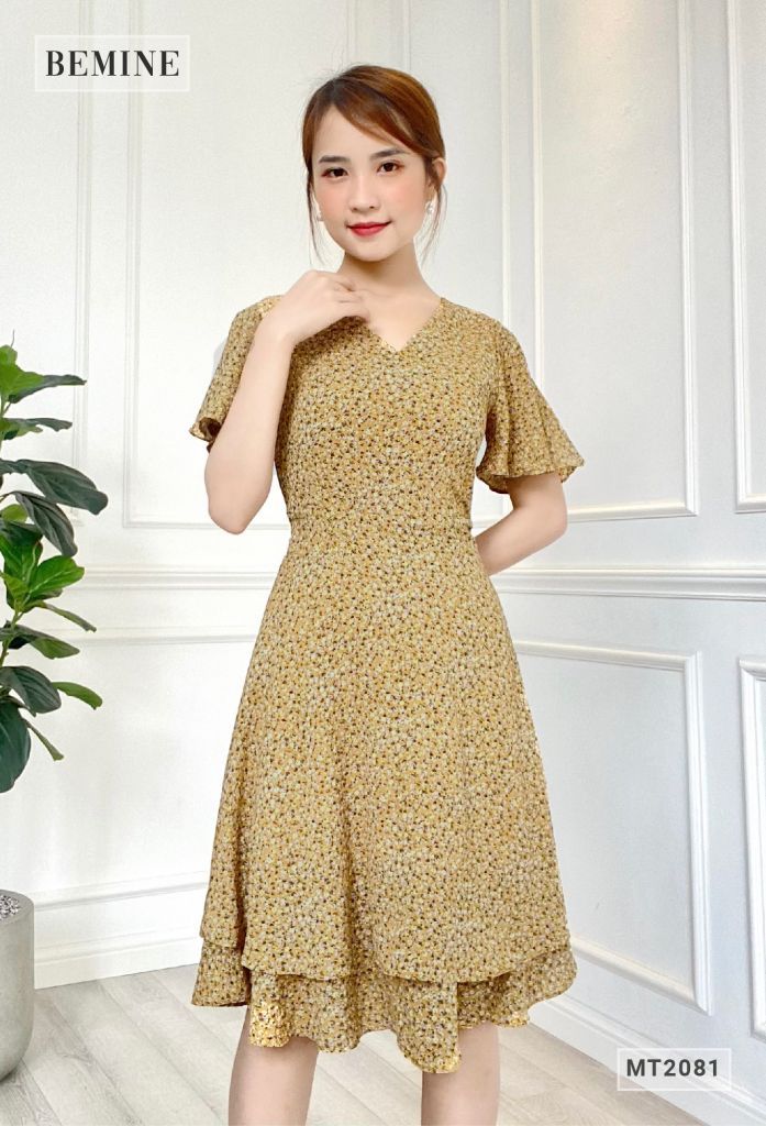 MT2081VANG - Đầm 2 tầng cổ chéo tay cánh tiên