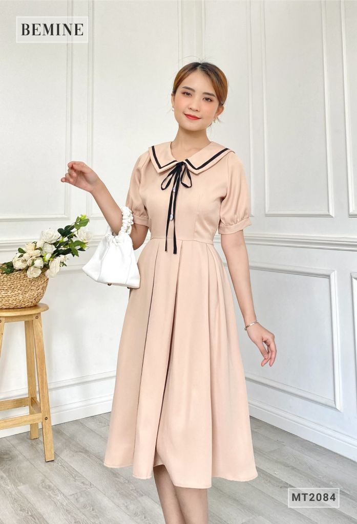 MT2084DA - Đầm xòe tay bồng cổ sơ mi thắt nơ