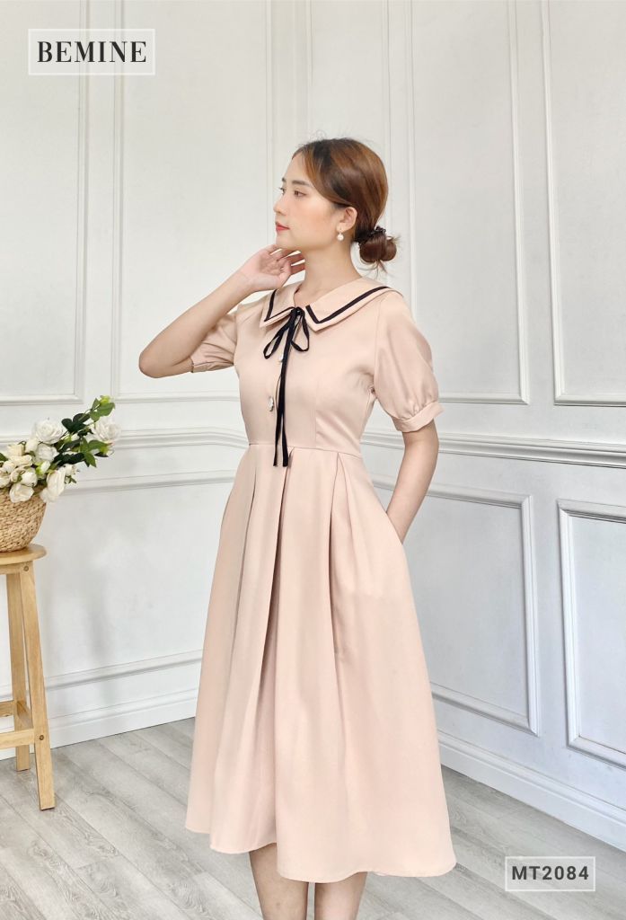 MT2084DA - Đầm xòe tay bồng cổ sơ mi thắt nơ