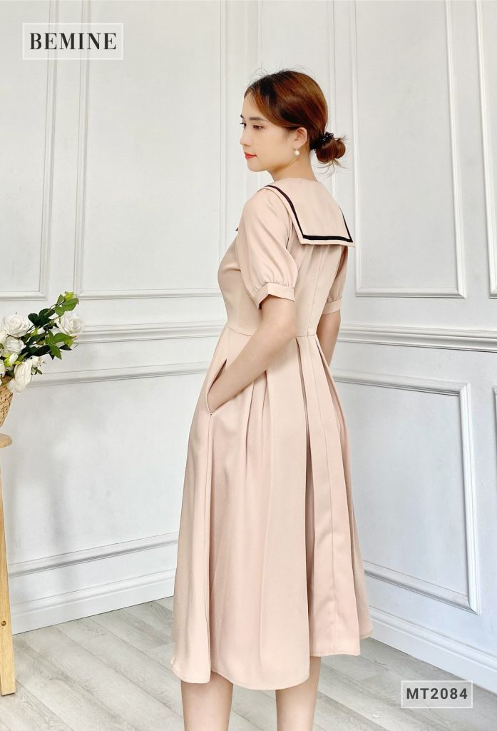 MT2084DA - Đầm xòe tay bồng cổ sơ mi thắt nơ