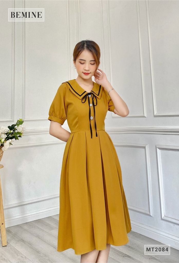 MT2084VANG - Đầm xòe tay bồng cổ sơ mi thắt nơ