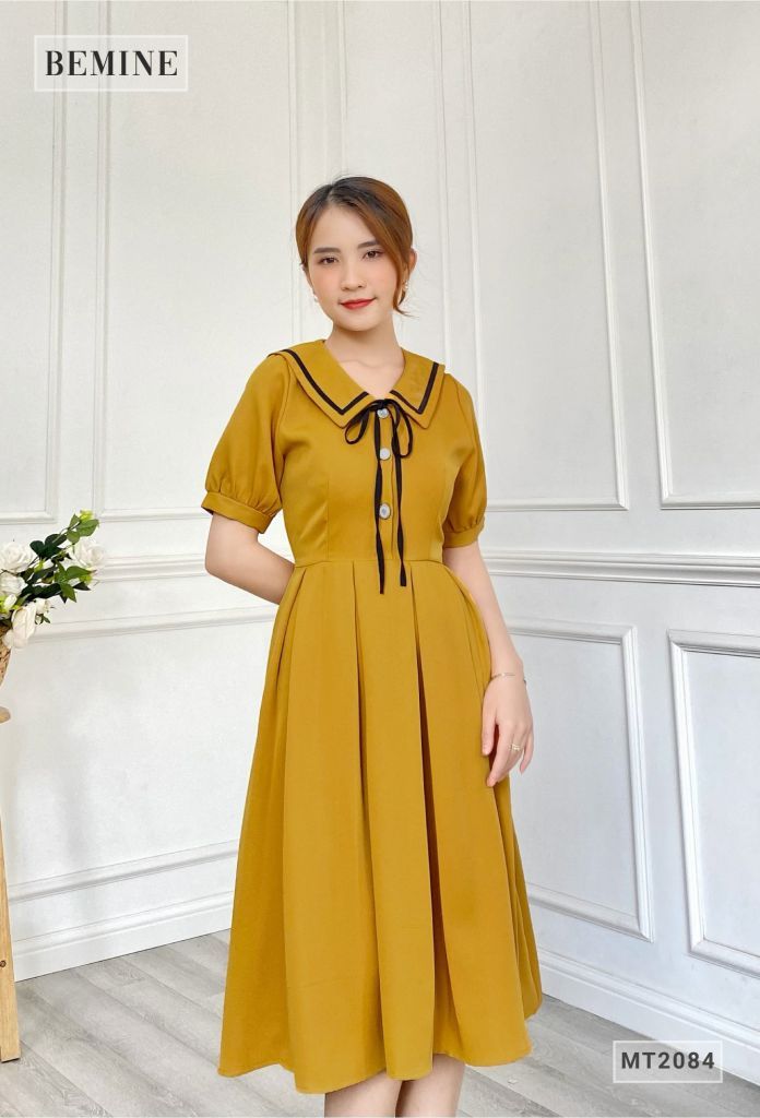 MT2084VANG - Đầm xòe tay bồng cổ sơ mi thắt nơ