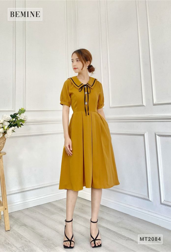 MT2084VANG - Đầm xòe tay bồng cổ sơ mi thắt nơ