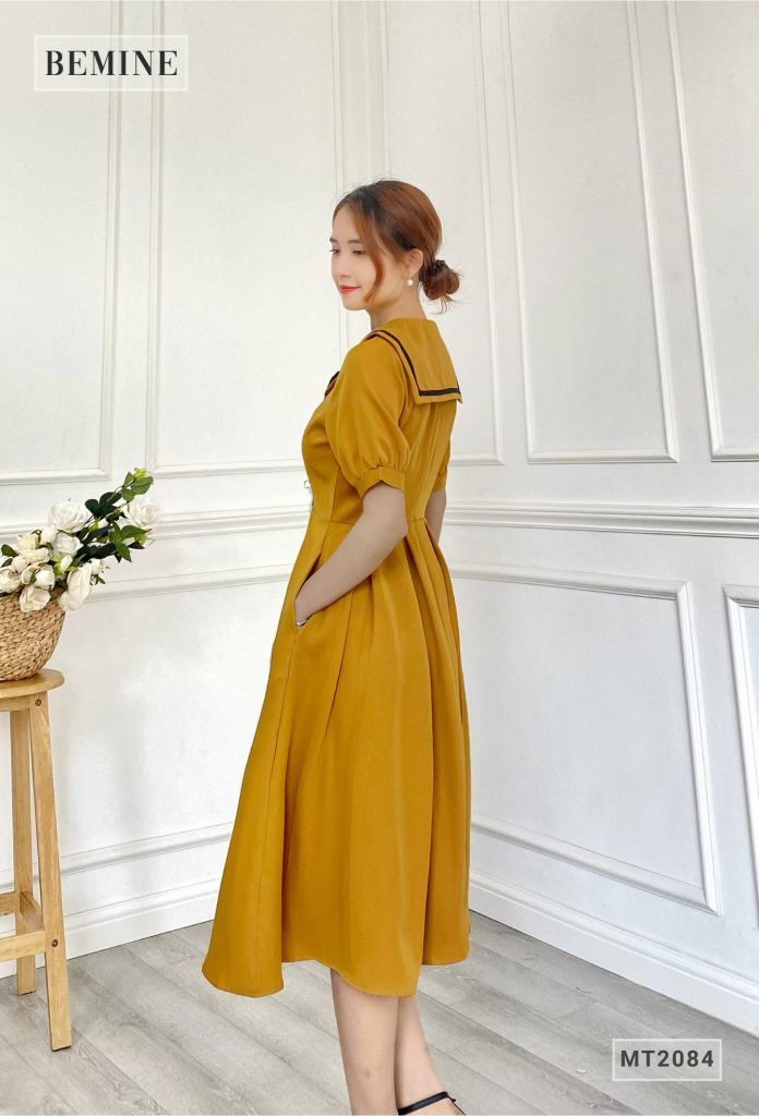 MT2084VANG - Đầm xòe tay bồng cổ sơ mi thắt nơ