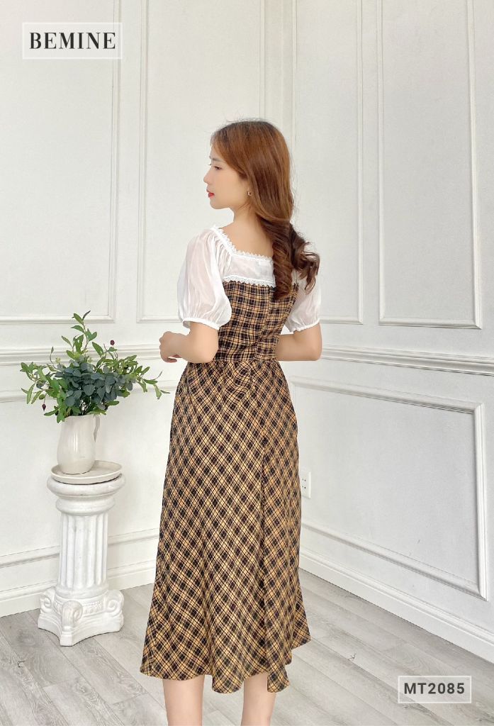 MT2085ĐEN - Đầm caro cúp ngực phối voan