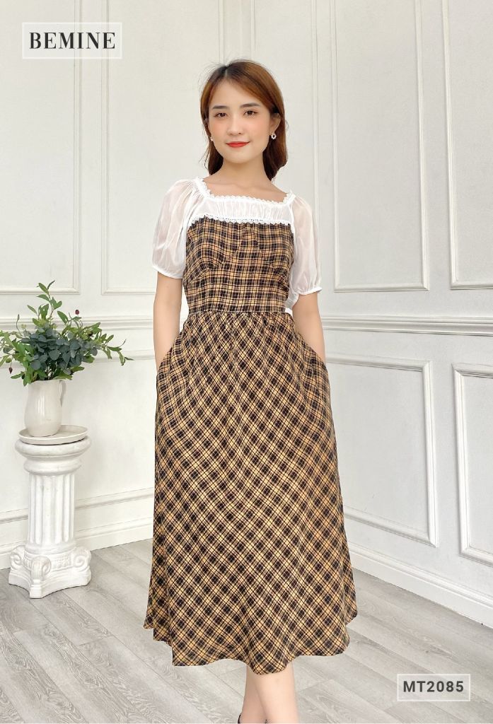 MT2085ĐEN - Đầm caro cúp ngực phối voan